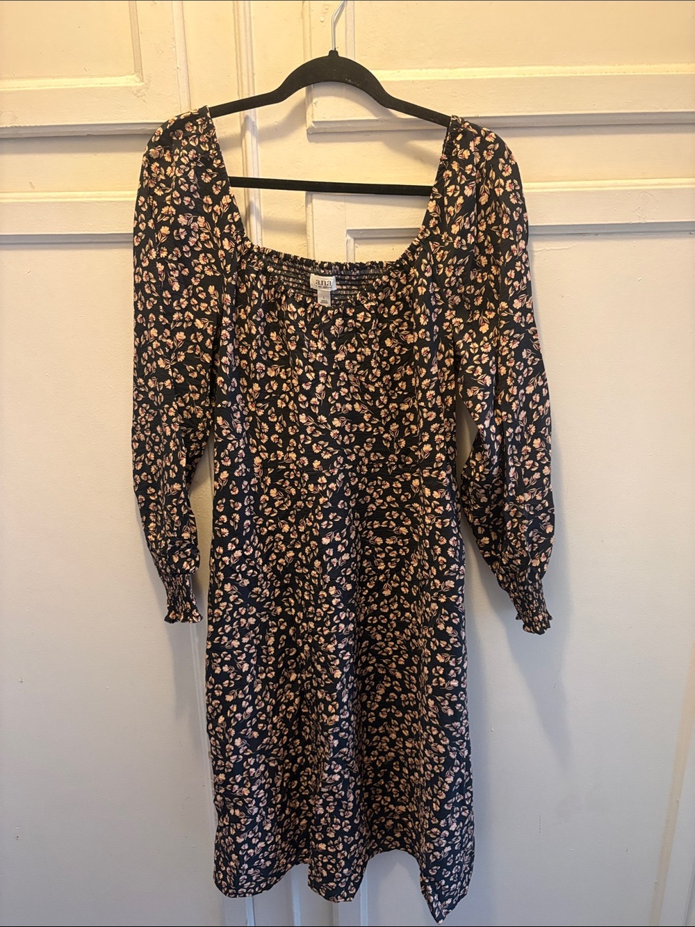 a.n.a Black Floral Smocked Square-Neck Midi Dress with Blush Accents